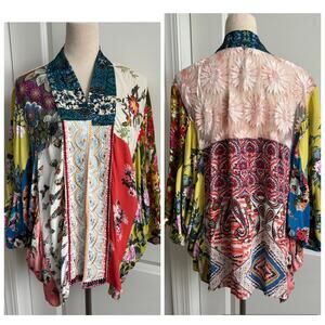 VINCENTE Boho Patchwork Kimono Jacket Cardigan Floral Butterfly Lace Medium M